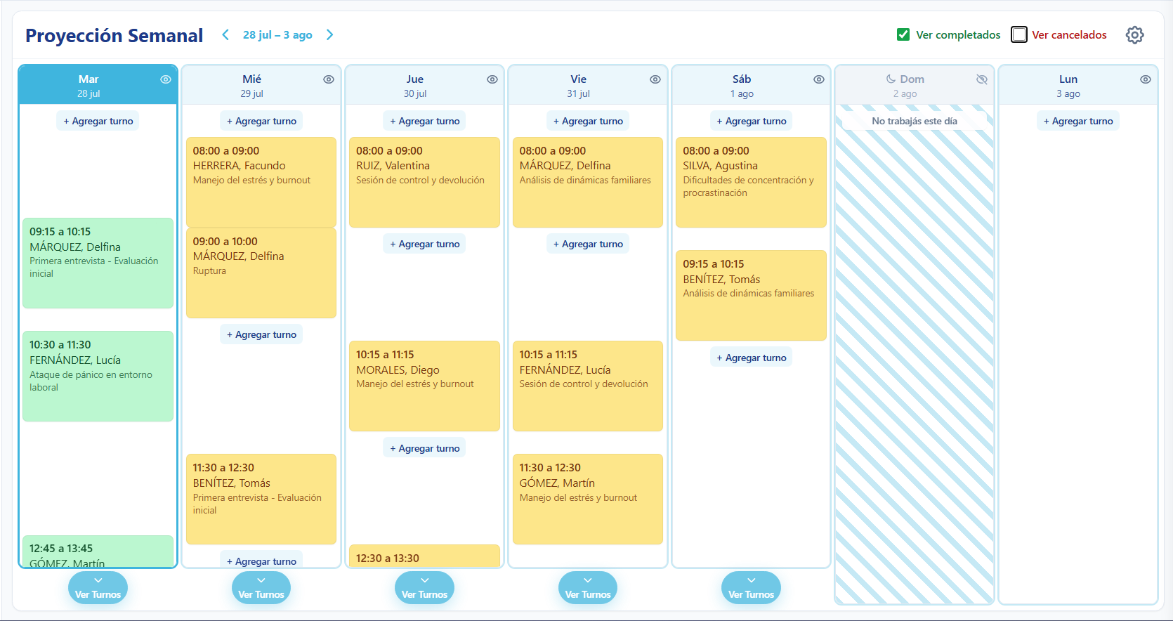 Vista de la agenda semanal en Turnando
