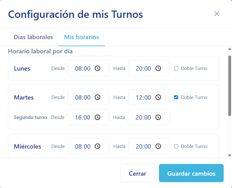 Configuración de horarios laborales en Turnando