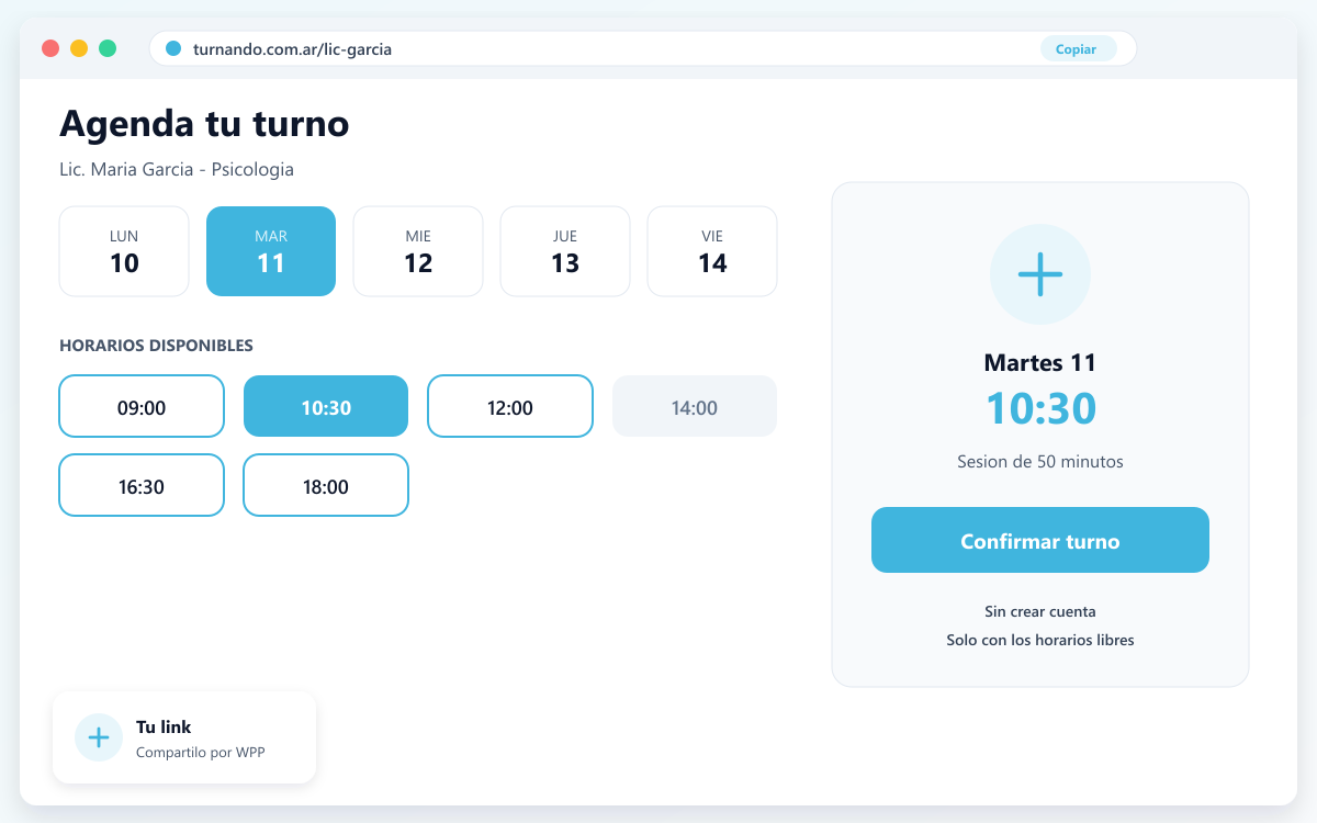 Página pública de agenda con link propio para pacientes